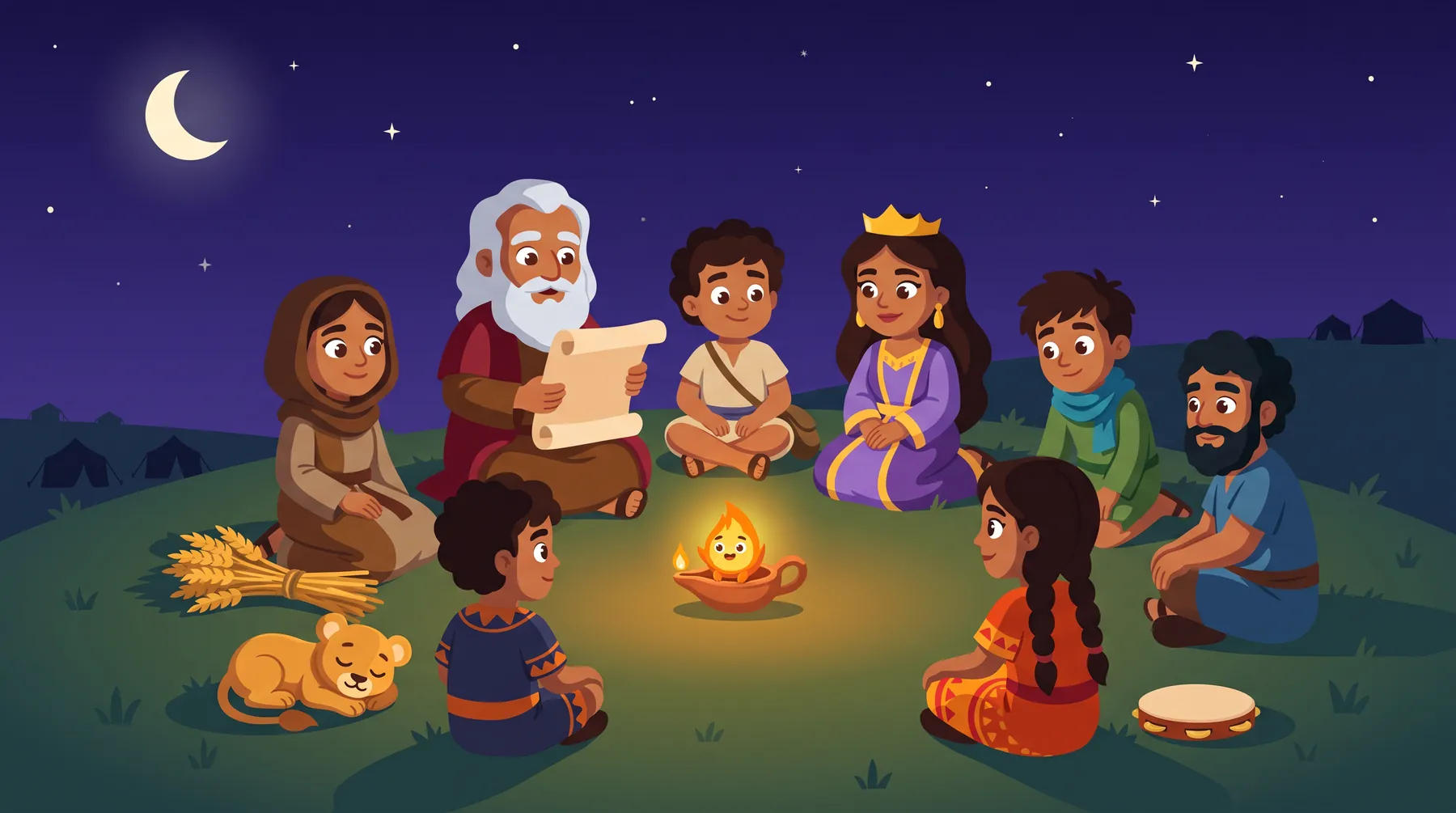 The Pipwick cast sitting together under the stars, listening as Moses reads from a scroll by lamplight